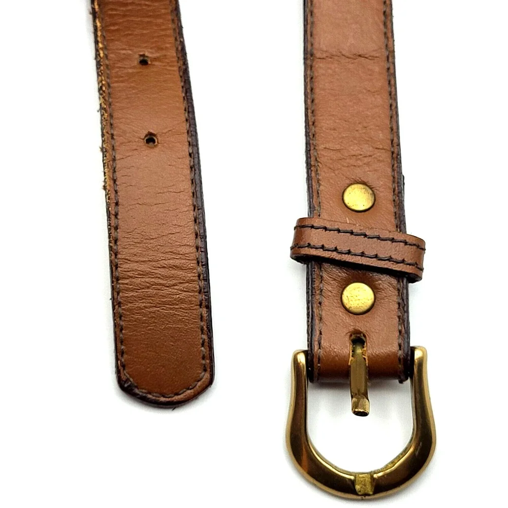 Vintage 90s Boys Brown Leather Weave Belt Brass Buckle 24